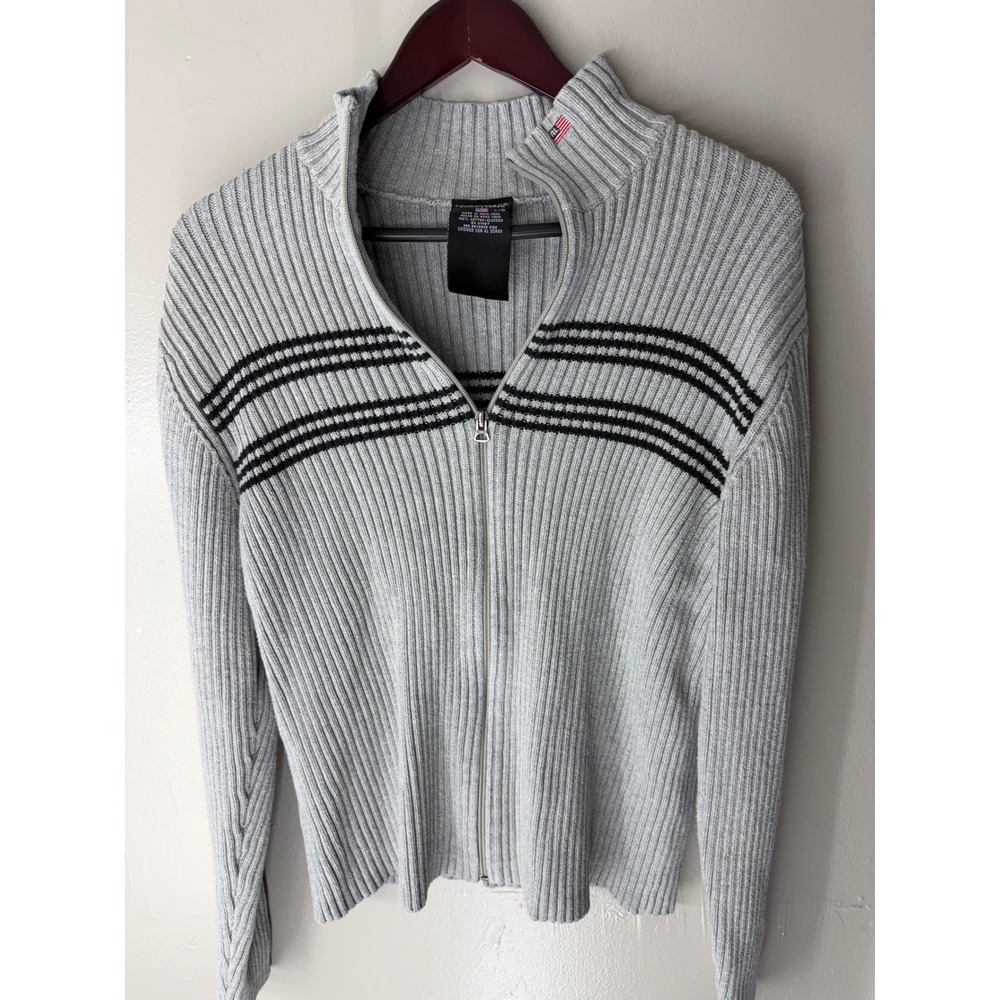 Polo Jeans Co Ralph Lauren Mens L Gray Ribbed Full Zip Stripe Sweater RL Flag